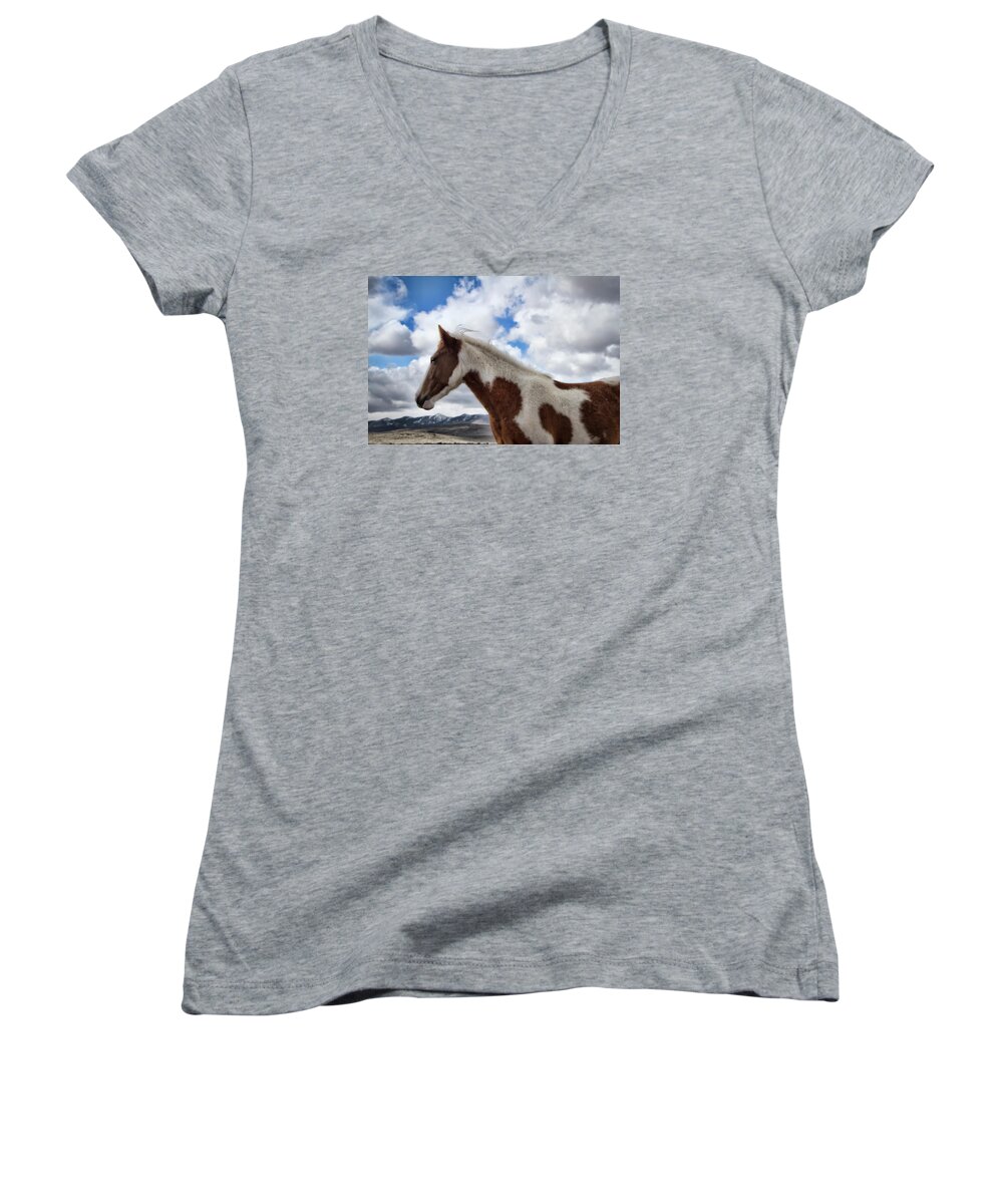 Nevada Women's V-Neck featuring the photograph Wild Paint mare in Nevada by Waterdancer