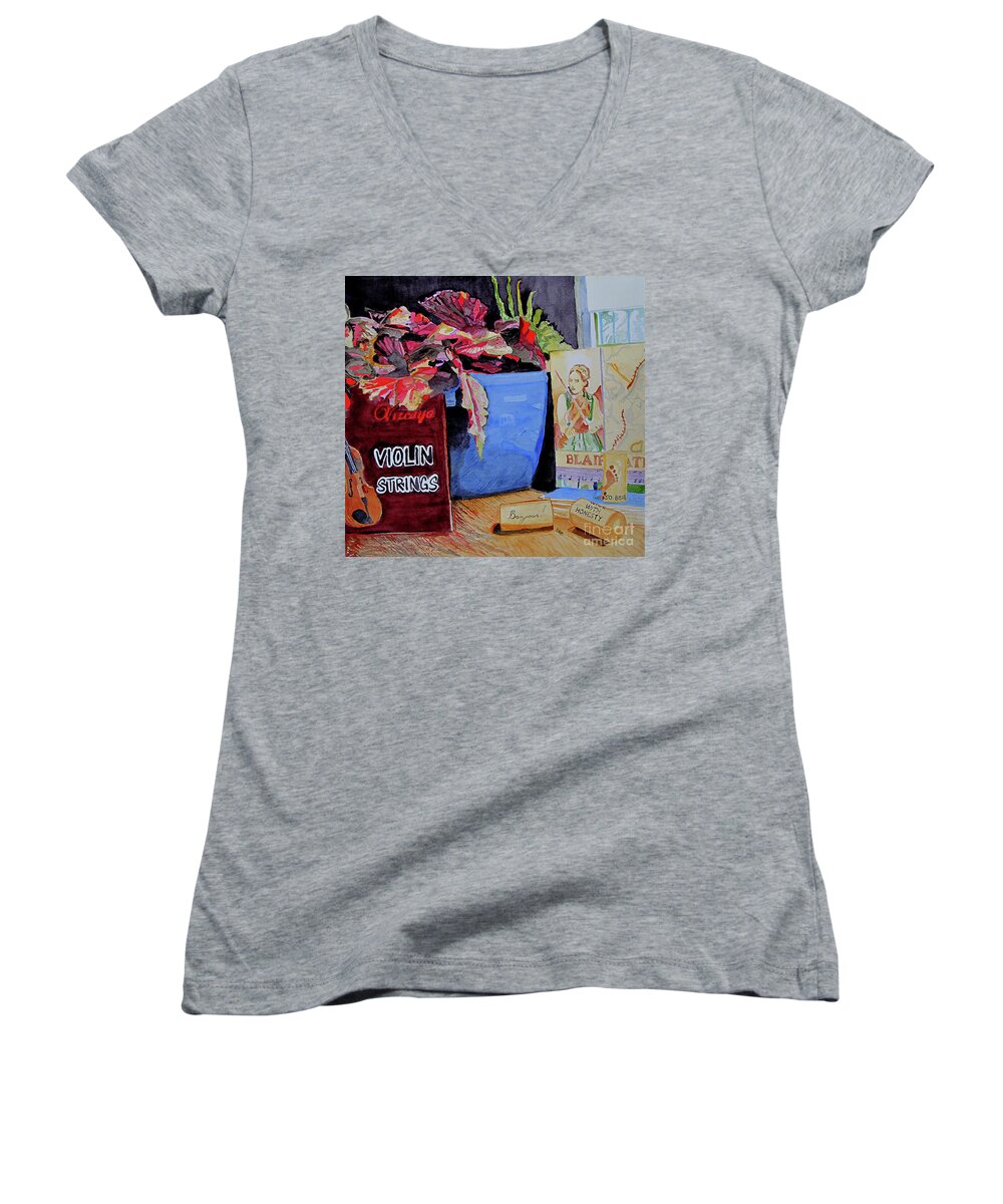Begonia Women's V-Neck featuring the painting Wine with Honesty by Sandy McIntire