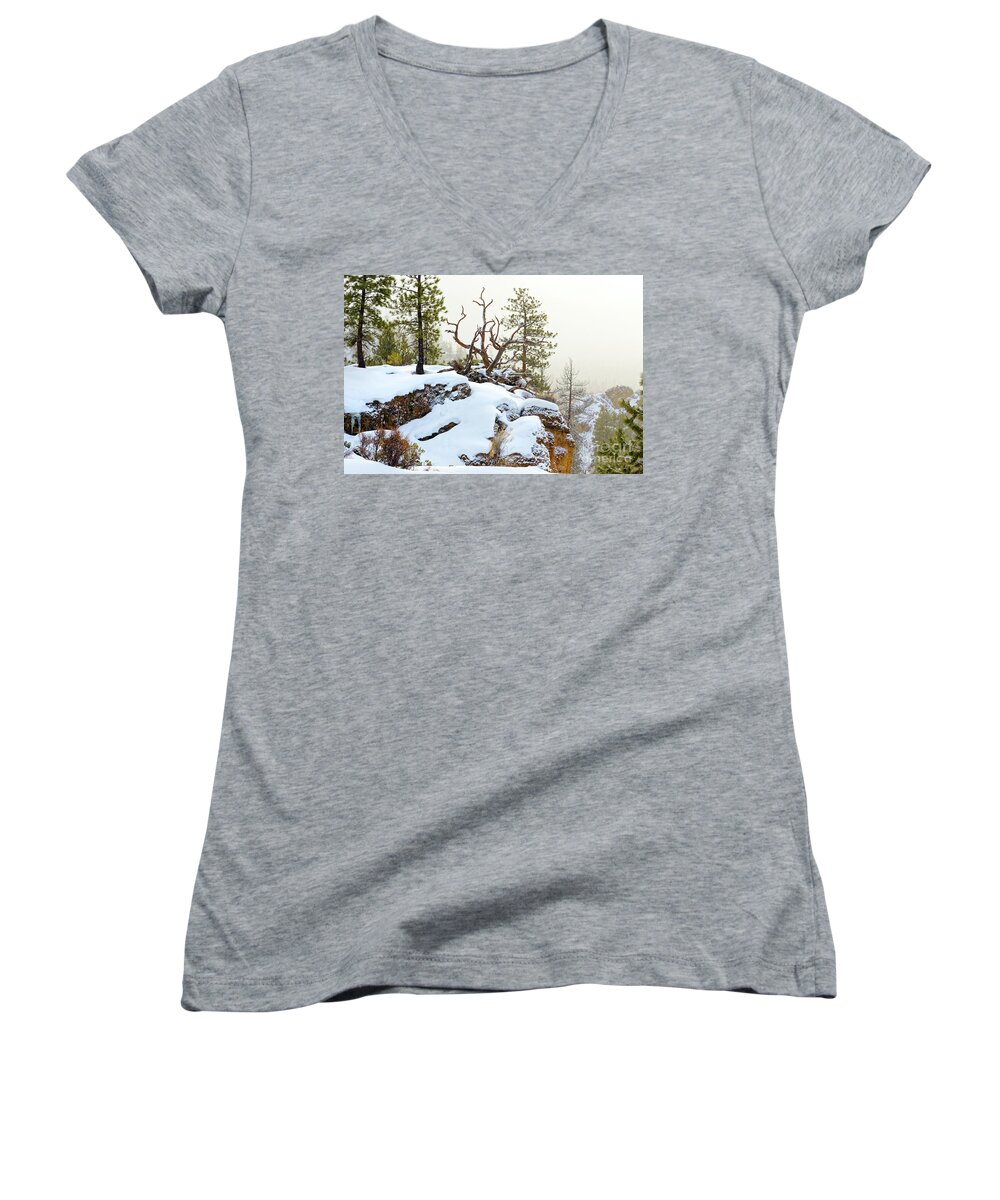 Ponderosa Pine Trees Women's V-Neck featuring the photograph Winter Snow Rocky Cliff Fallen Pine by Robert C Paulson Jr