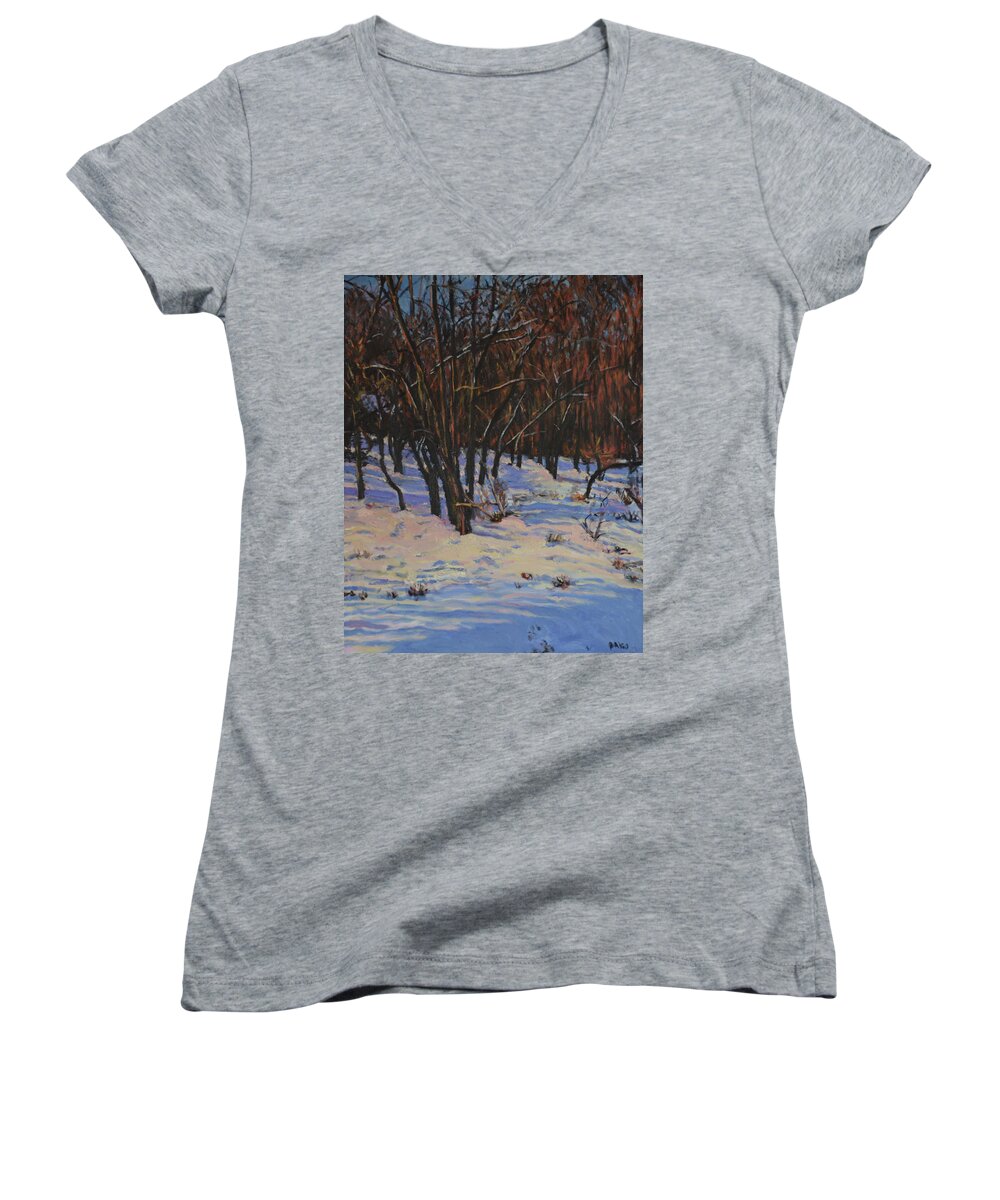 Winter Women's V-Neck featuring the painting Winter Snow Shadows by Beth Riso