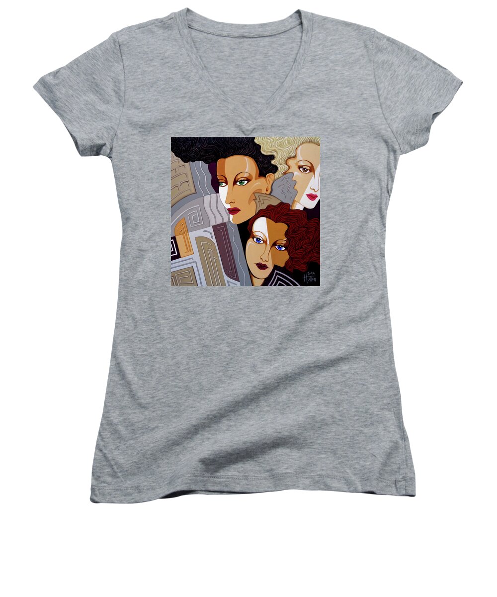 Art Deco Women's V-Neck featuring the painting Woman Times Three by Tara Hutton