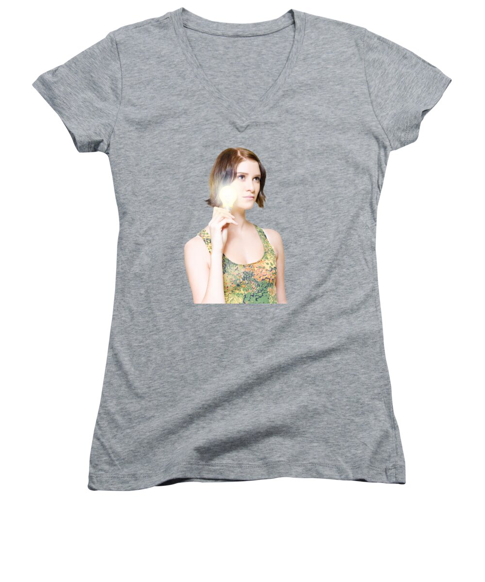 Idea Women's V-Neck featuring the photograph Woman With Bright Idea by Jorgo Photography