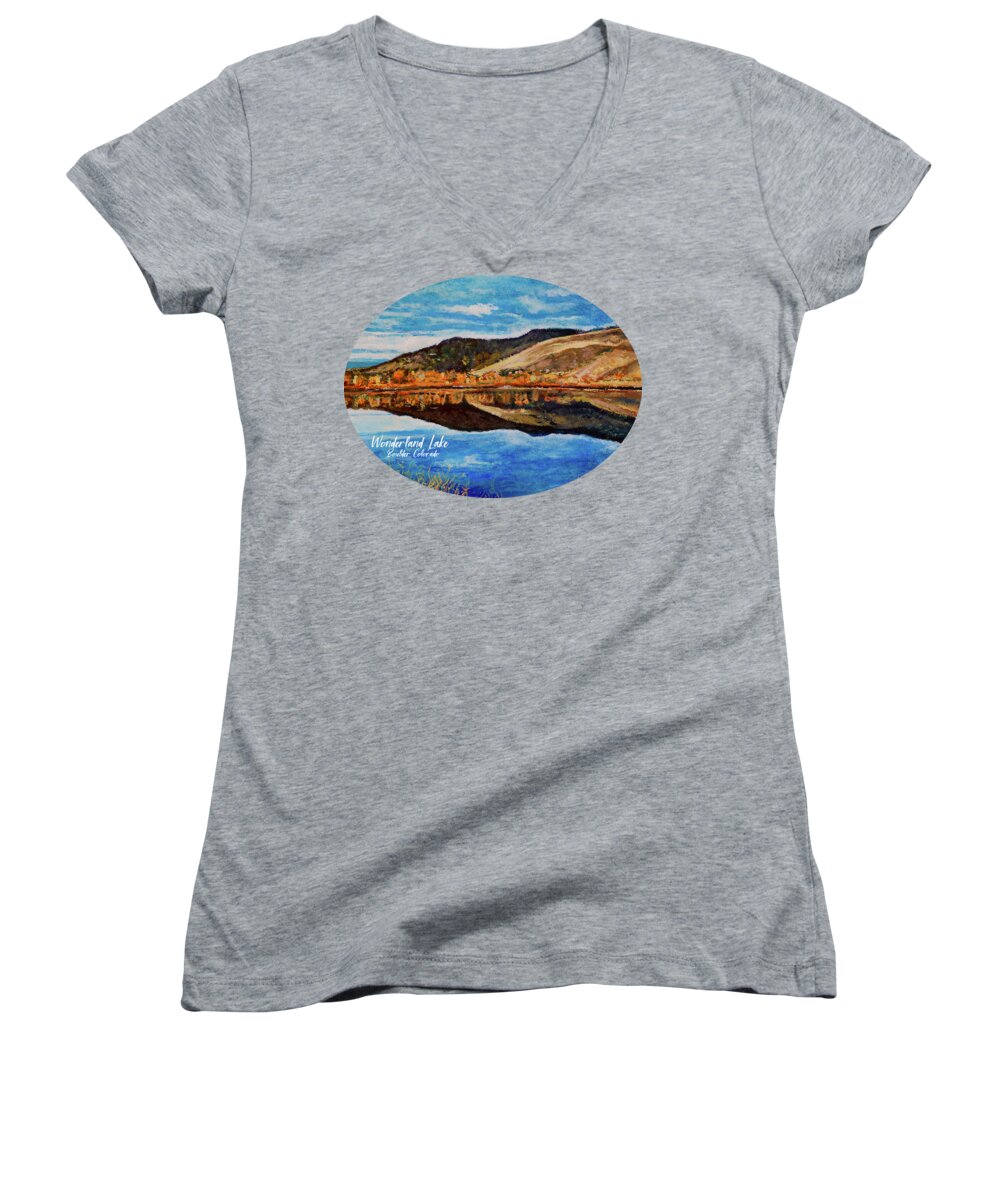 Boulder Women's V-Neck featuring the painting Wonderland Lake by Tom Roderick