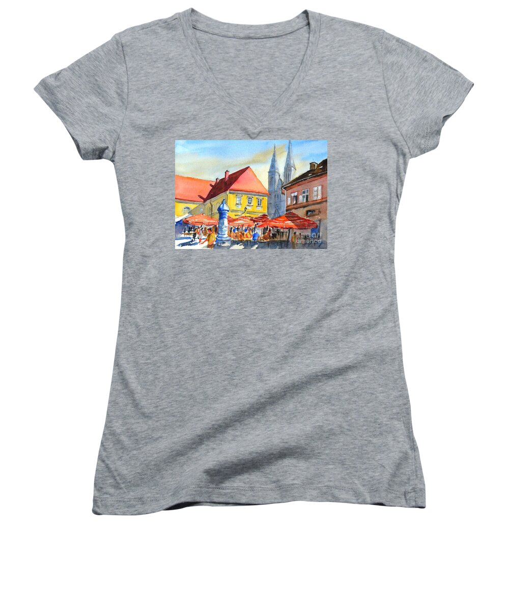 Zagreb Cathedral Women's V-Neck featuring the painting Zagreb near Dolce Market by Betty M M Wong
