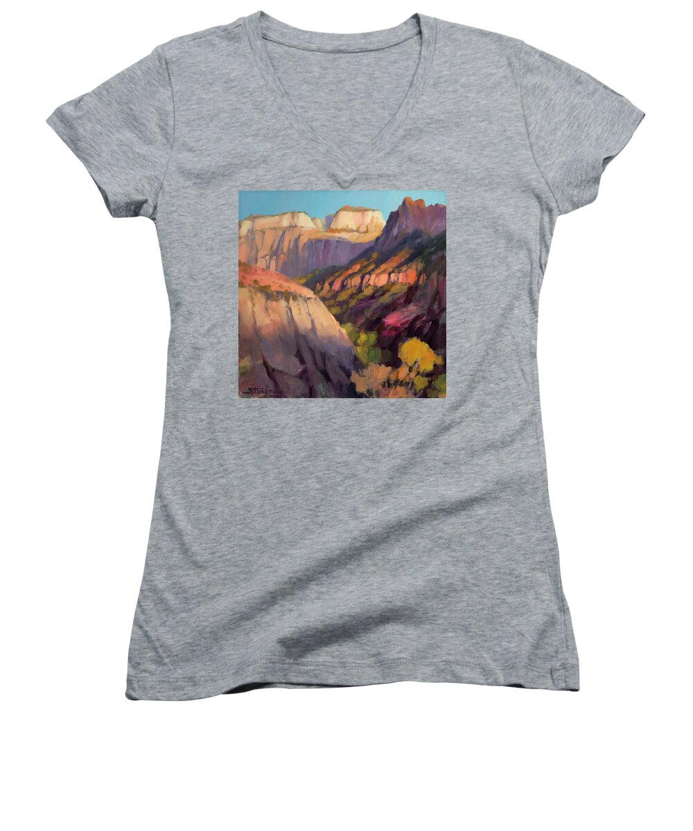 Zion Women's V-Neck featuring the painting Zion's West Canyon by Steve Henderson