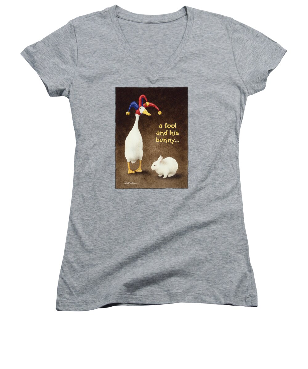 Bunny Women's V-Neck featuring the painting A Fool And His Bunny... #2 by Will Bullas