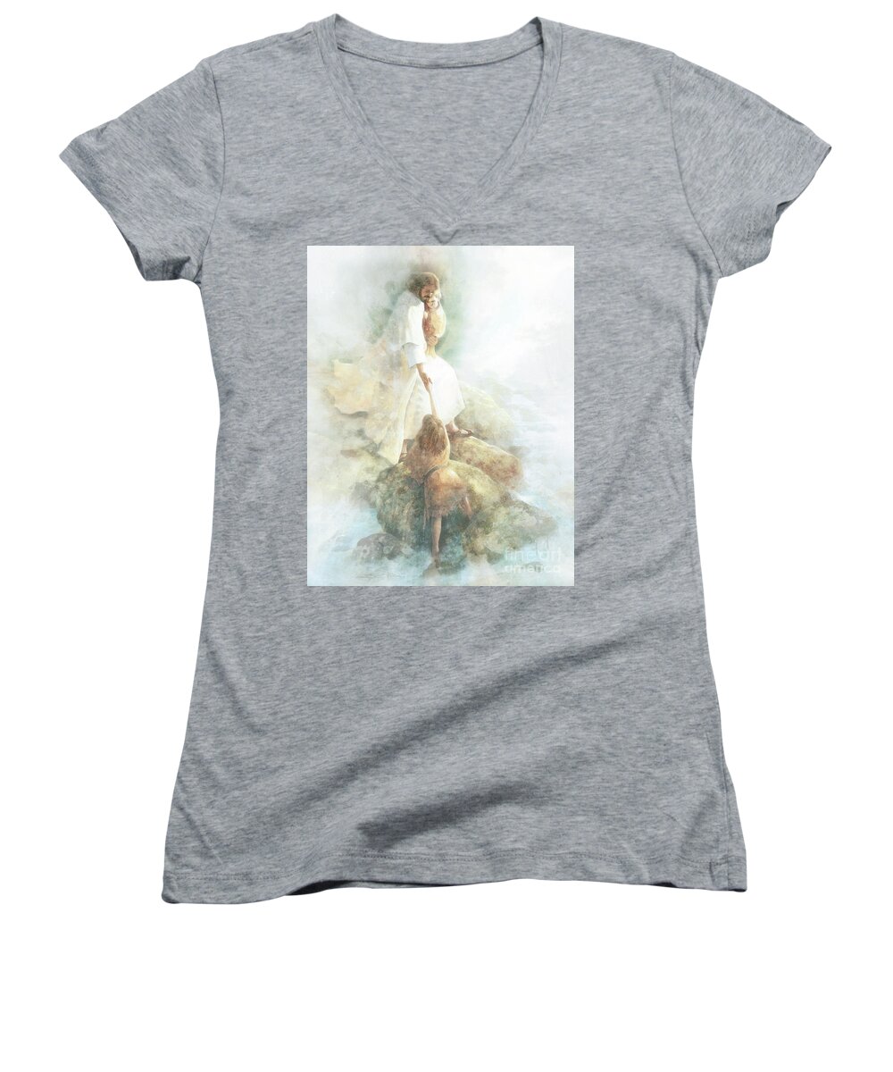 Jesus Women's V-Neck featuring the painting Be Not Afraid #1 by Greg Olsen