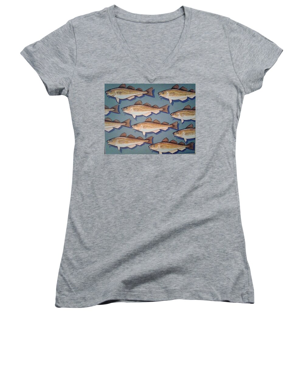 Cape Cod Women's V-Neck featuring the painting Cape Cod Cod Fish by James RODERICK