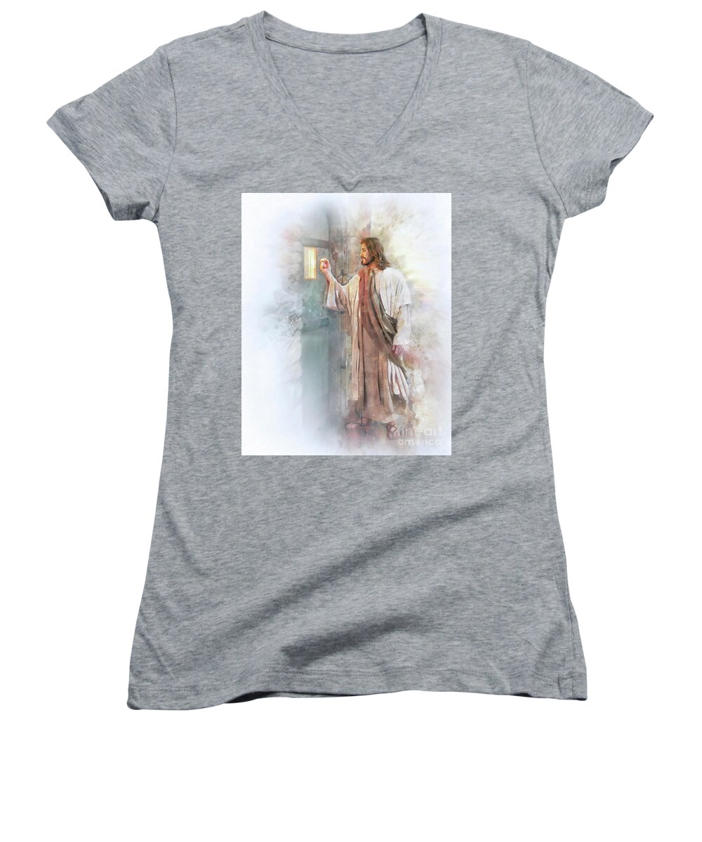 Jesus Women's V-Neck featuring the painting Let Him In #1 by Greg Olsen