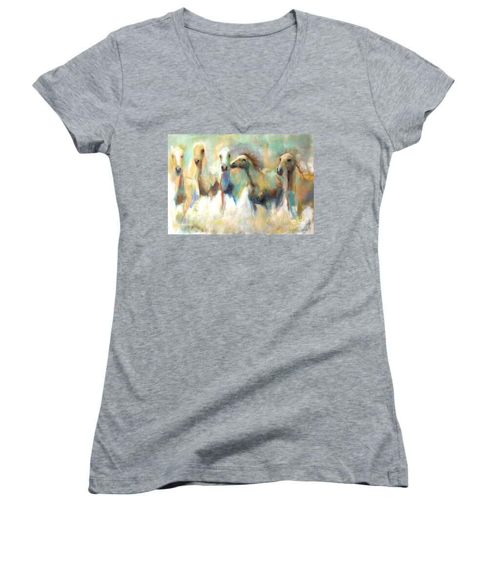 Equine Art Women's V-Neck featuring the pastel Running With The Palominos #1 by Frances Marino