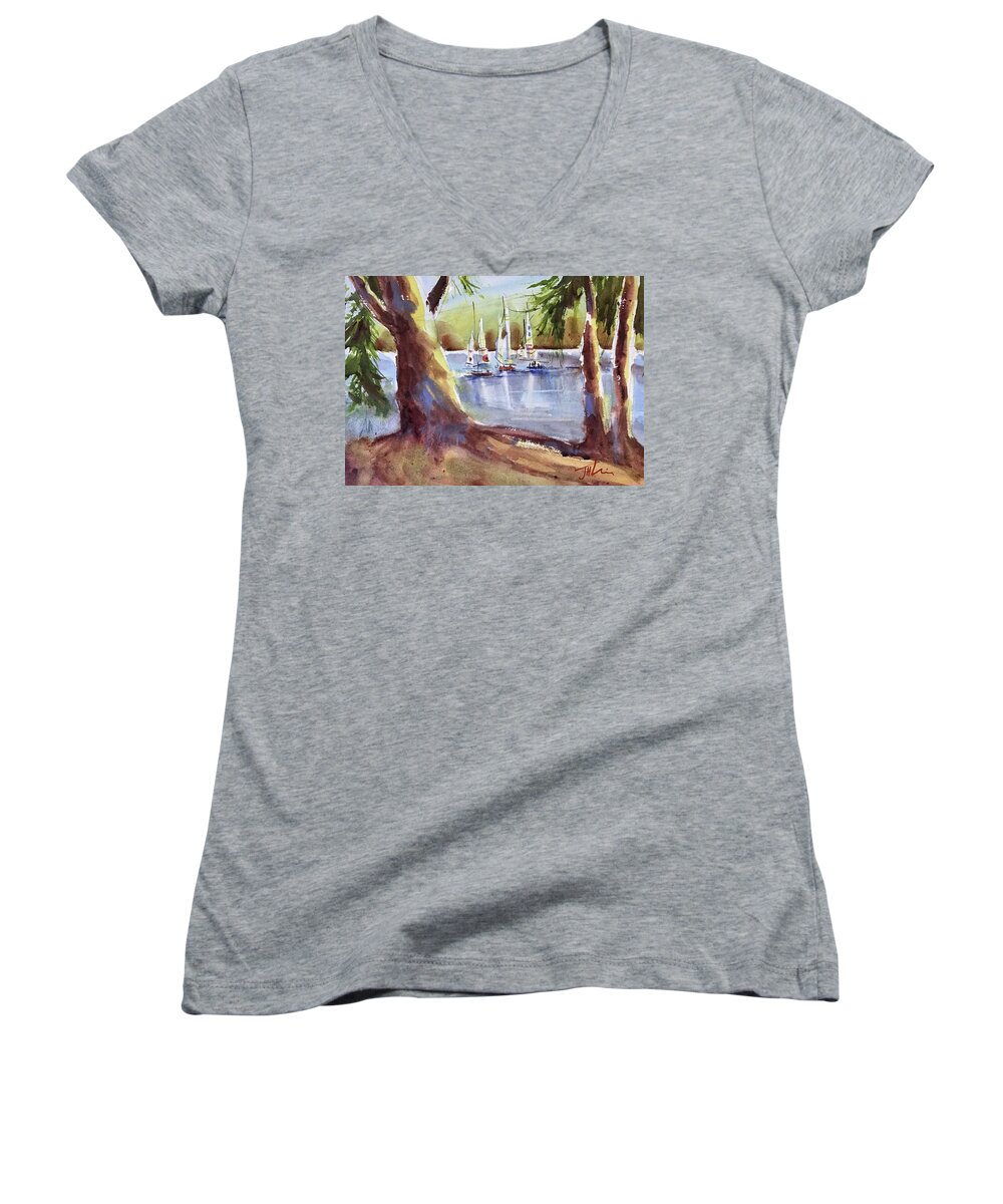 Landscape Women's V-Neck featuring the painting Sailing on First Lake #1 by Judith Levins