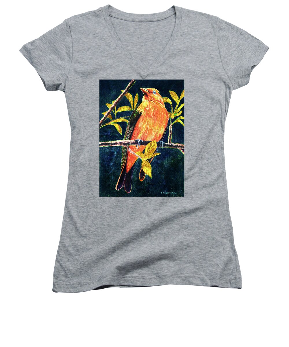 Wildlife Women's V-Neck featuring the painting Scarlet Tanager #1 by Douglas Castleman