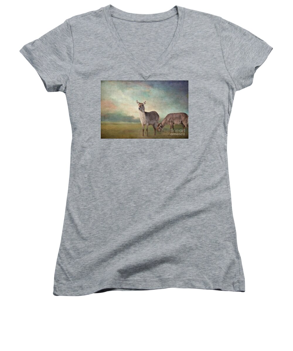 Waterbucks Women's V-Neck featuring the photograph Windy Morning #1 by Eva Lechner