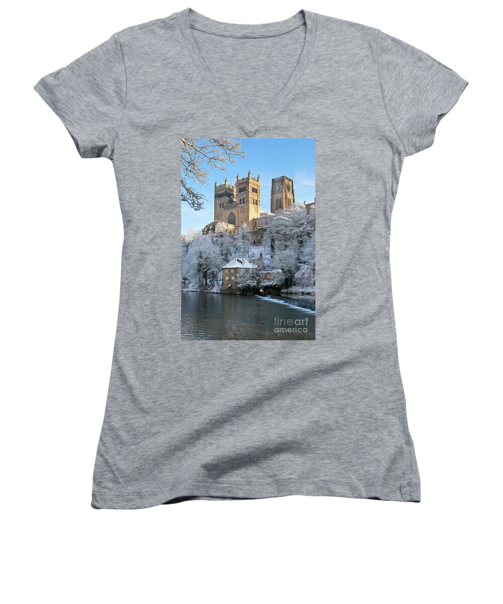 Snow Women's V-Neck featuring the photograph Winter view of Durham Cathedral #1 by Bryan Attewell