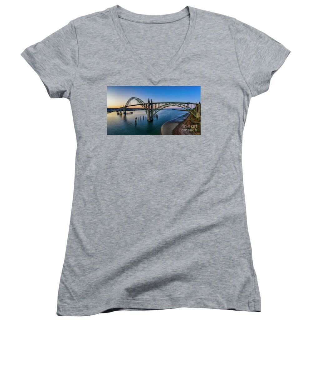 Yaquina Bay Bridge Newport Oregon Women's V-Neck featuring the photograph Yaquina Bay Bridge Newport Oregon #1 by Dustin K Ryan