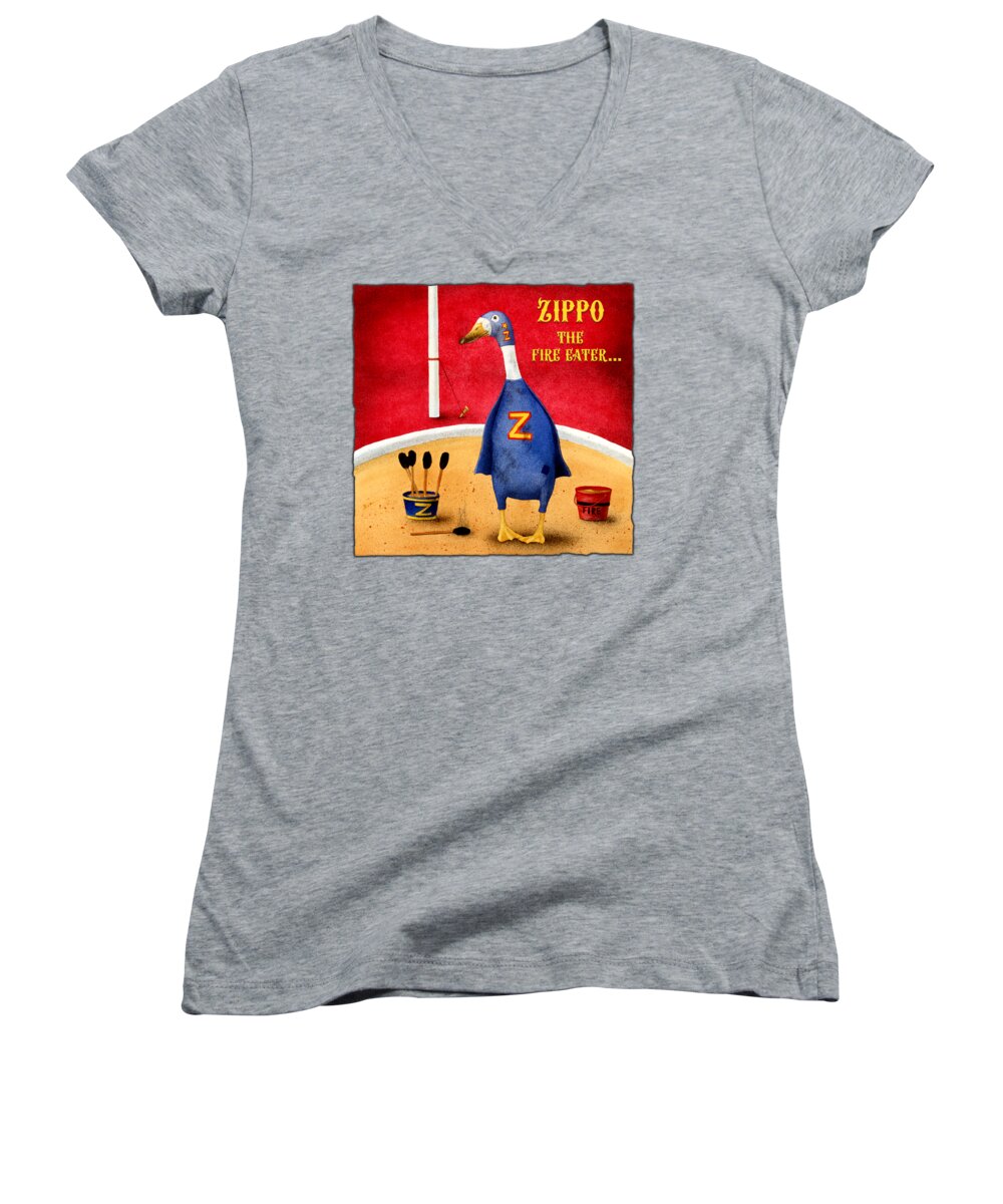 Duck Women's V-Neck featuring the painting Zippo... the fire eater... #2 by Will Bullas