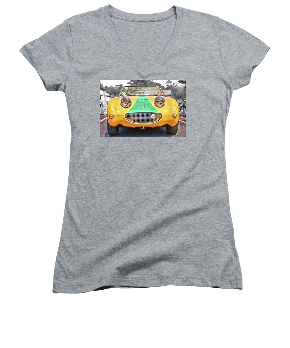 Car Women's V-Neck featuring the photograph 1961 Austin Healy Sprite smiling front end by Daniel Adams