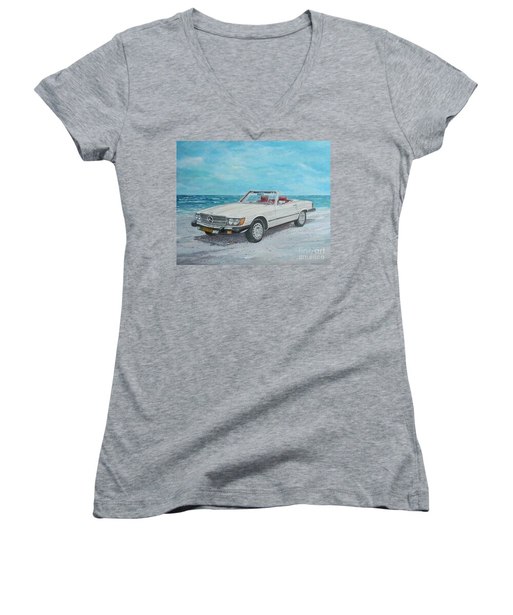 Classic Cars Paintings Women's V-Neck featuring the painting 1979 Mercedes 450 SL by Sinisa Saratlic