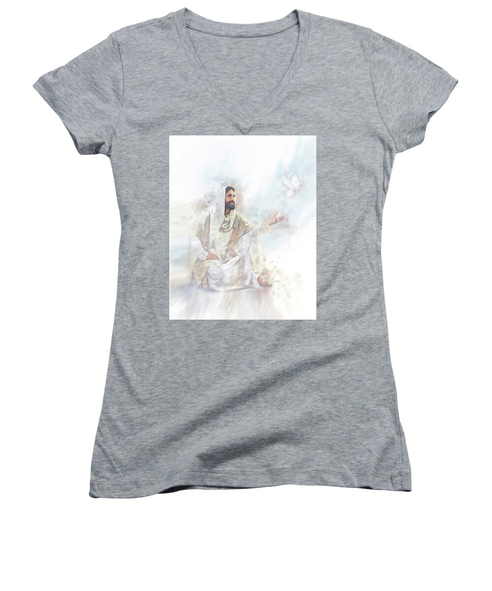 Jesus Women's V-Neck featuring the painting And the Truth Shall Make You Free #2 by Greg Olsen