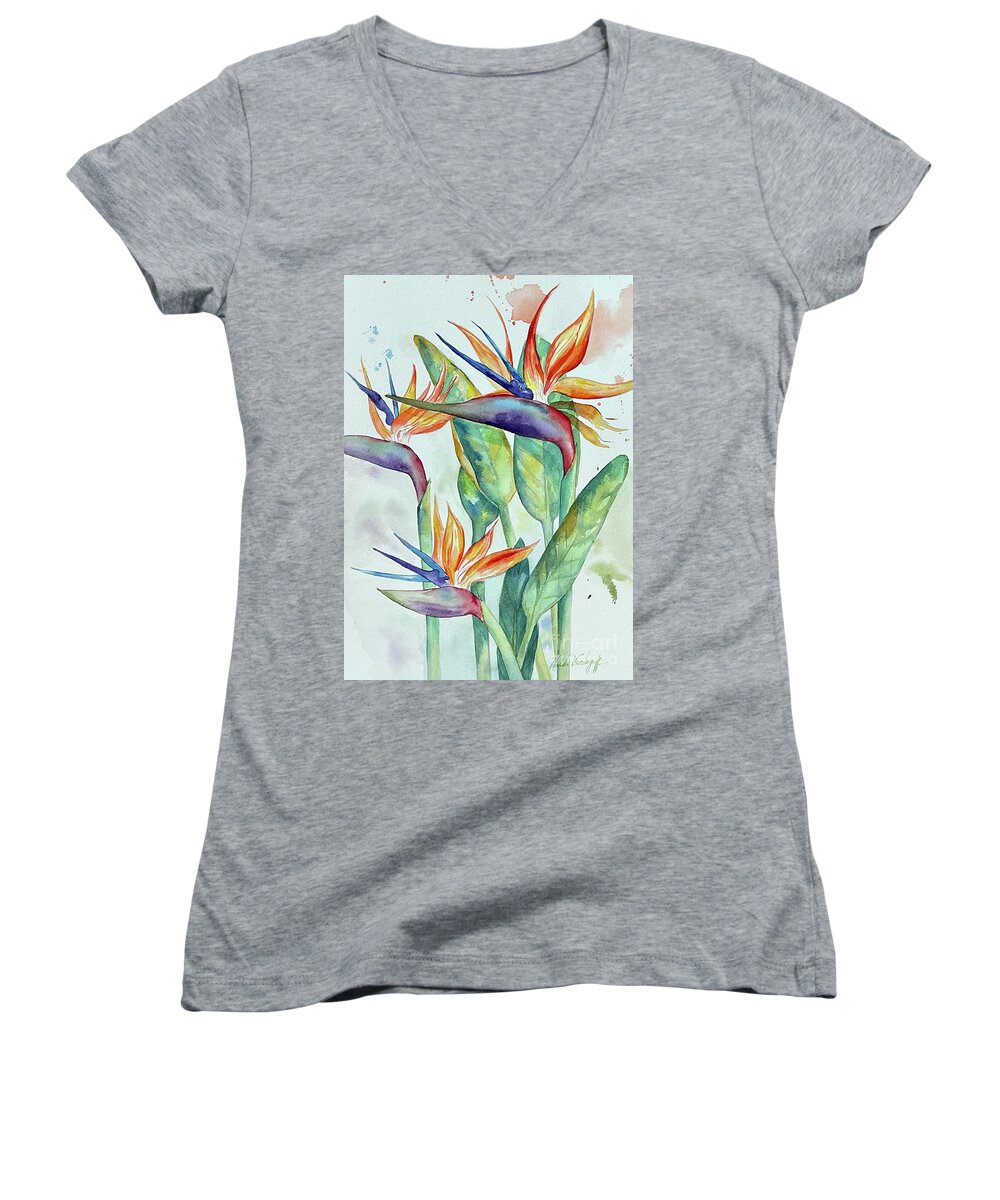 Flowers Women's V-Neck featuring the painting Bird of Paradise Flowers #2 by Hilda Vandergriff