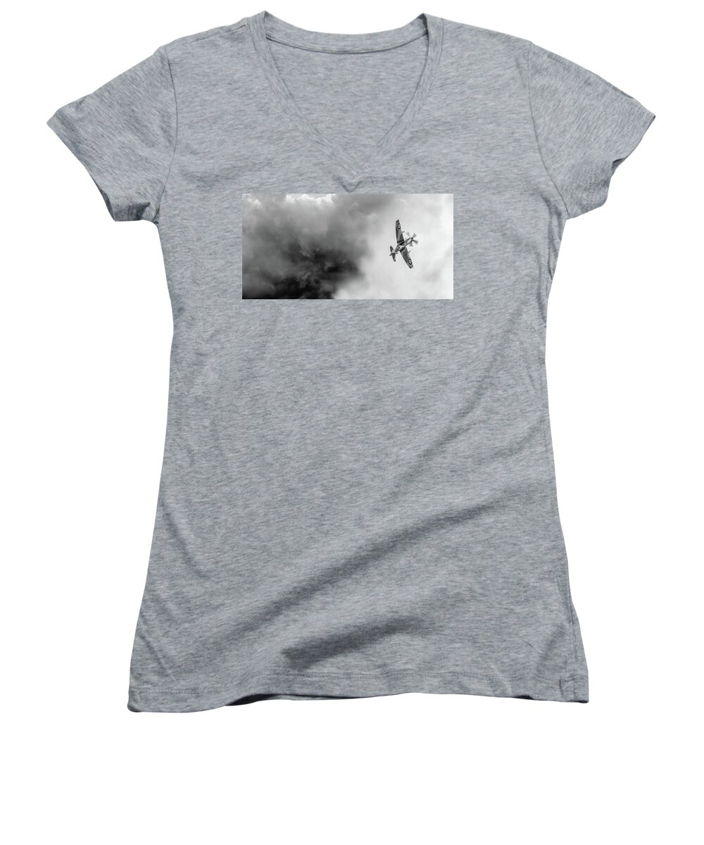 Flight Artworks Women's V-Neck featuring the photograph Clipped wing Spitfire sunset roll wide BW version by Gary Eason