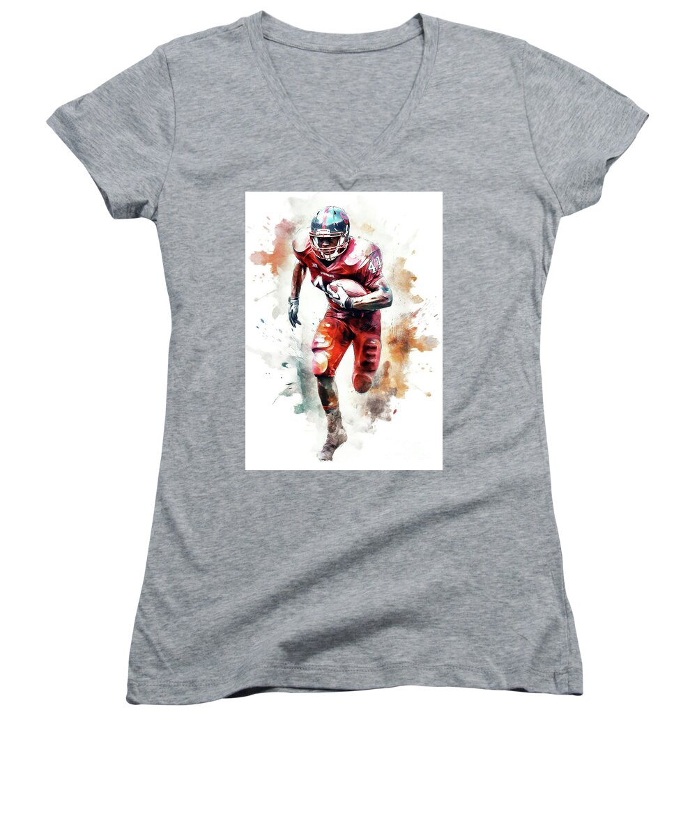 Ai Women's V-Neck featuring the digital art Watercolor abstract representation of American football. #3 by Odon Czintos