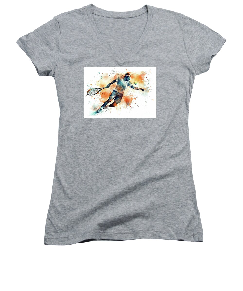Woman Women's V-Neck featuring the digital art Tennis player in action during colorful paint splash. #7 by Odon Czintos