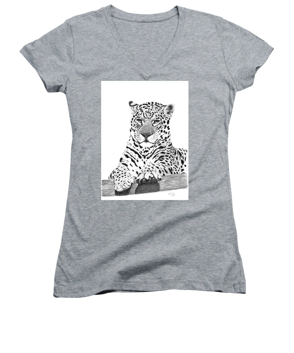 Leopard Women's V-Neck featuring the drawing A Leopard's Stare by Patricia Hiltz