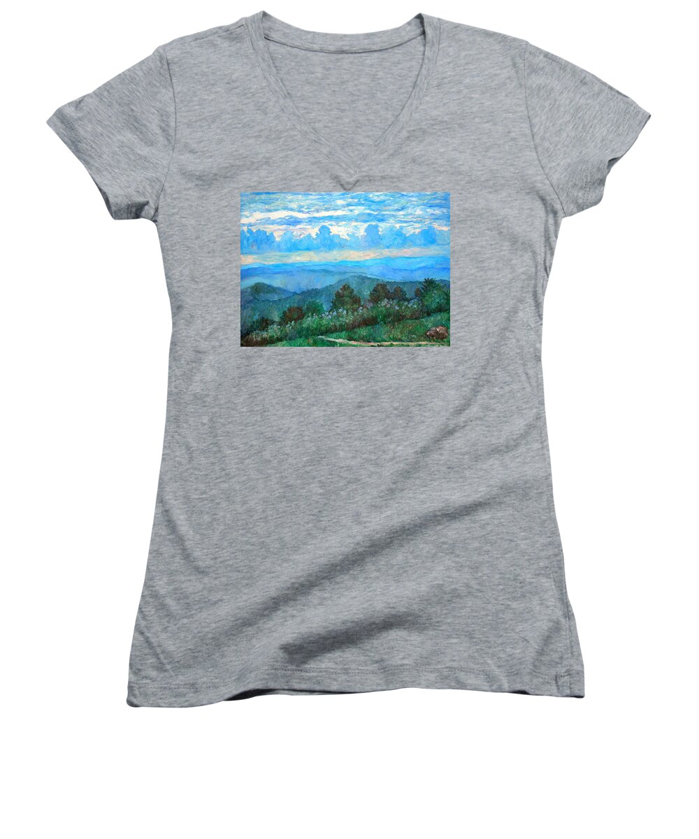 Landscape Women's V-Neck featuring the painting A Path to Rock Castle Gorge in the Evening by Kendall Kessler