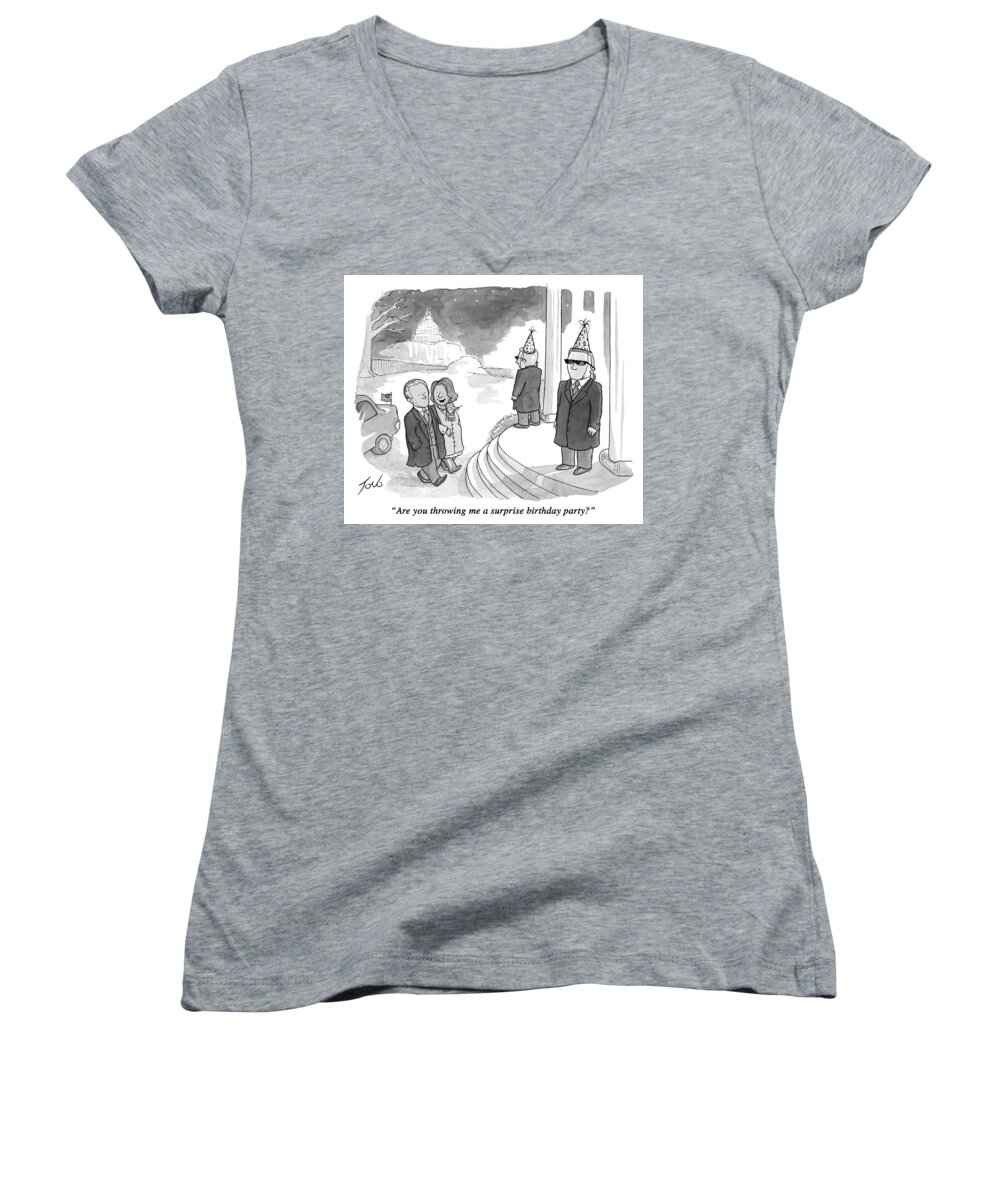 Obama Women's V-Neck featuring the drawing A Surprise Birthday Party by Tom Toro