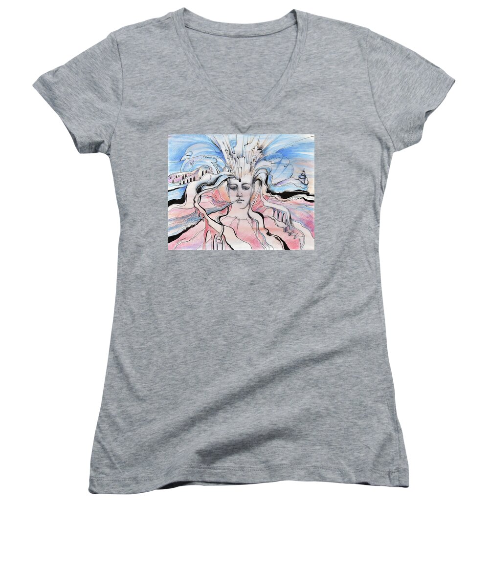 Fantasy Women's V-Neck featuring the drawing Accessing Potentials by Valentina Plishchina