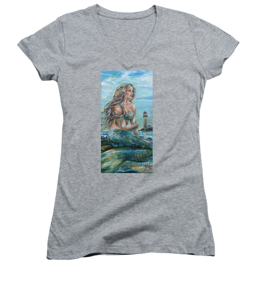 Mermaid Women's V-Neck featuring the painting Allexis by Linda Olsen