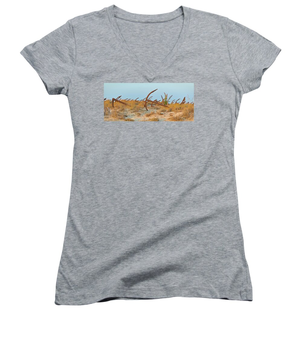 Tavira Women's V-Neck featuring the photograph Anchors in Barril Beach by Angelo DeVal