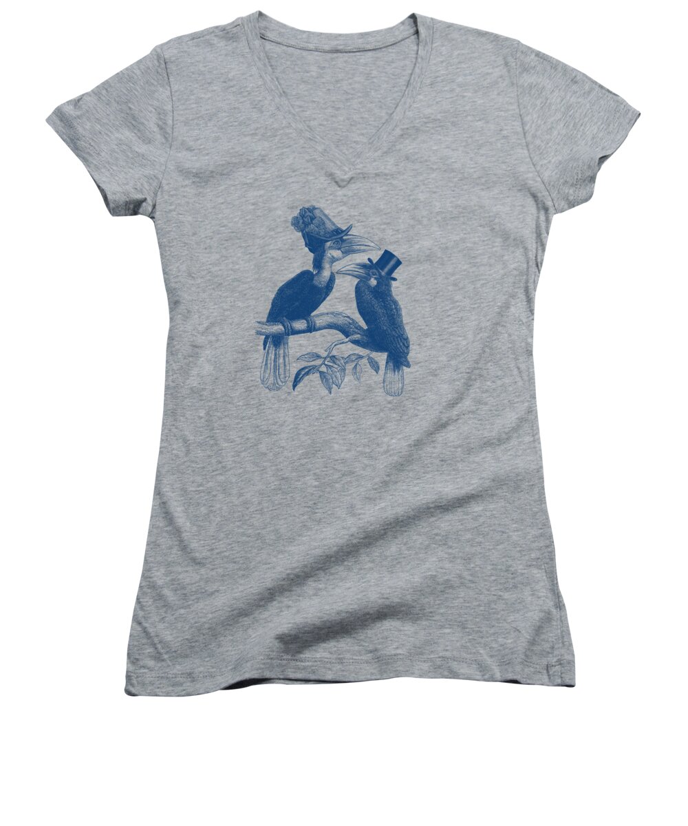 Hornbill Women's V-Neck featuring the digital art Hornbill couple in blue by Madame Memento