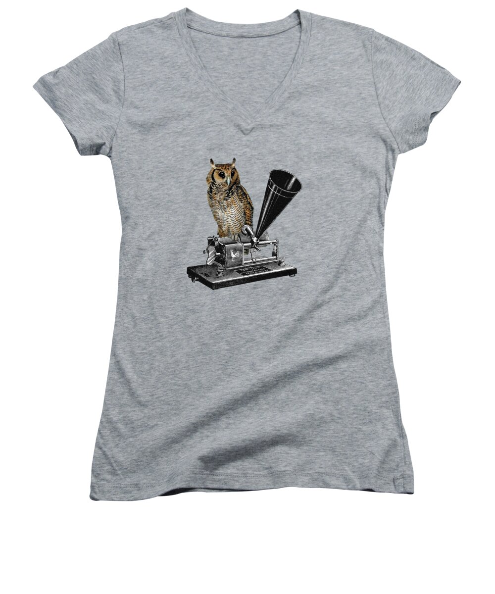 Owl Women's V-Neck featuring the digital art Horned Owl On Phonograph by Madame Memento
