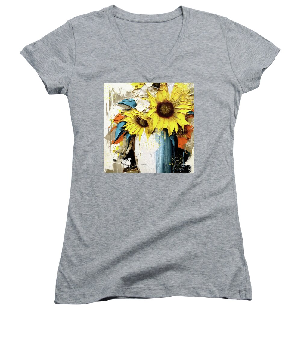 Sunflowers Women's V-Neck featuring the painting Autumn Sunflower Abstract by Tina LeCour