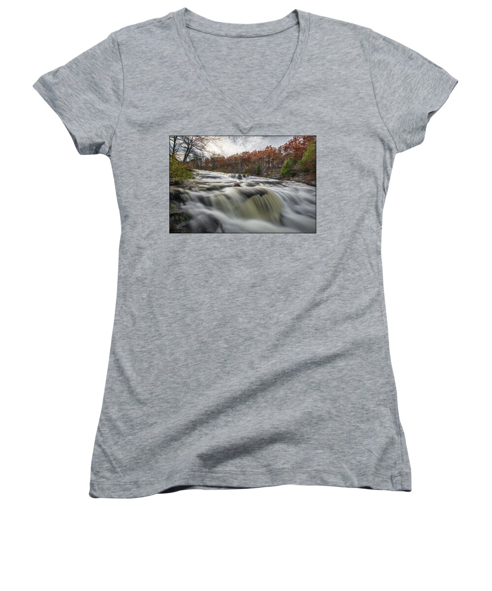 Waterfall Women's V-Neck featuring the photograph Autumn at Shohola Falls by Erika Fawcett