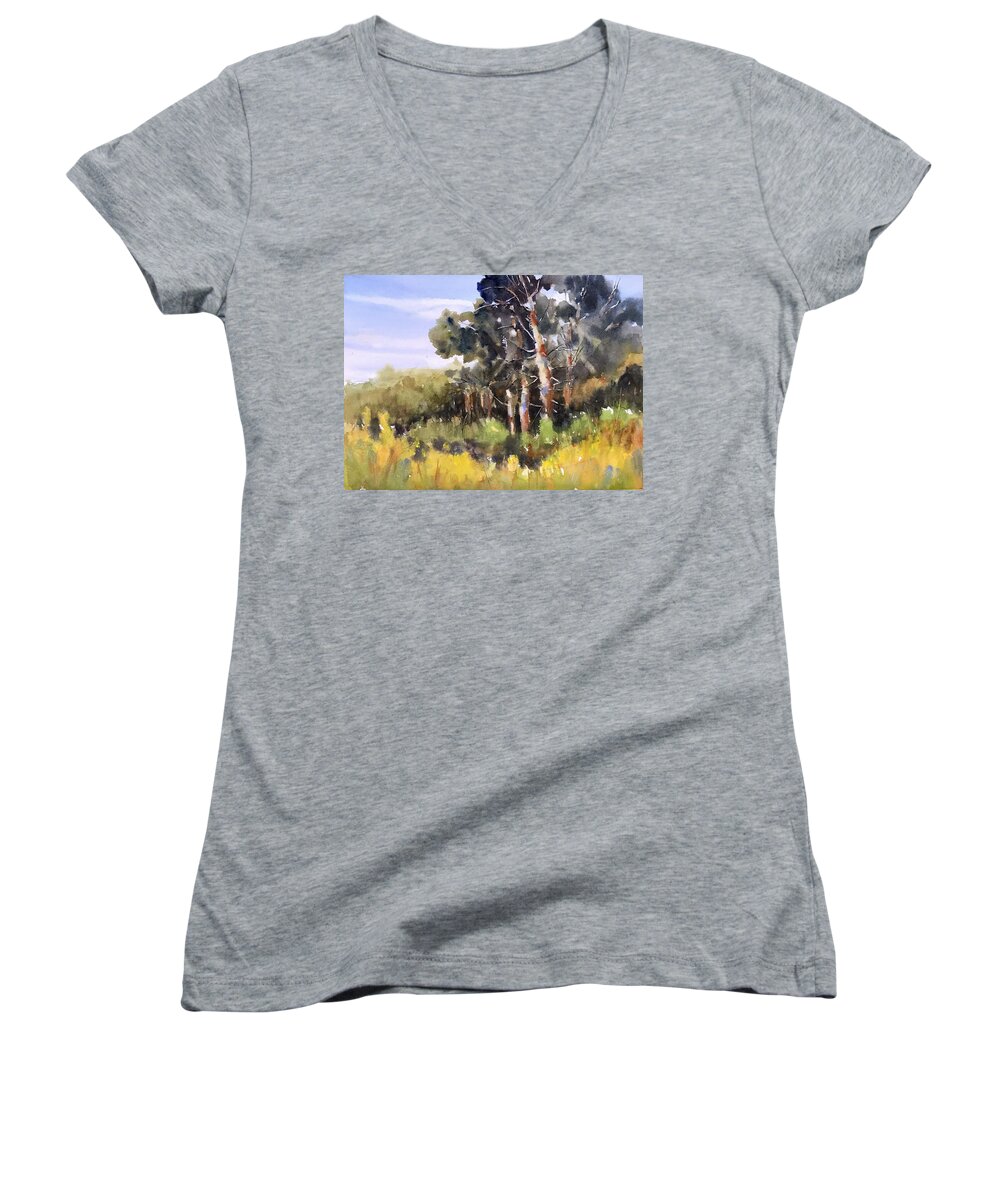 Landscape Women's V-Neck featuring the painting Autumn Begins by Judith Levins