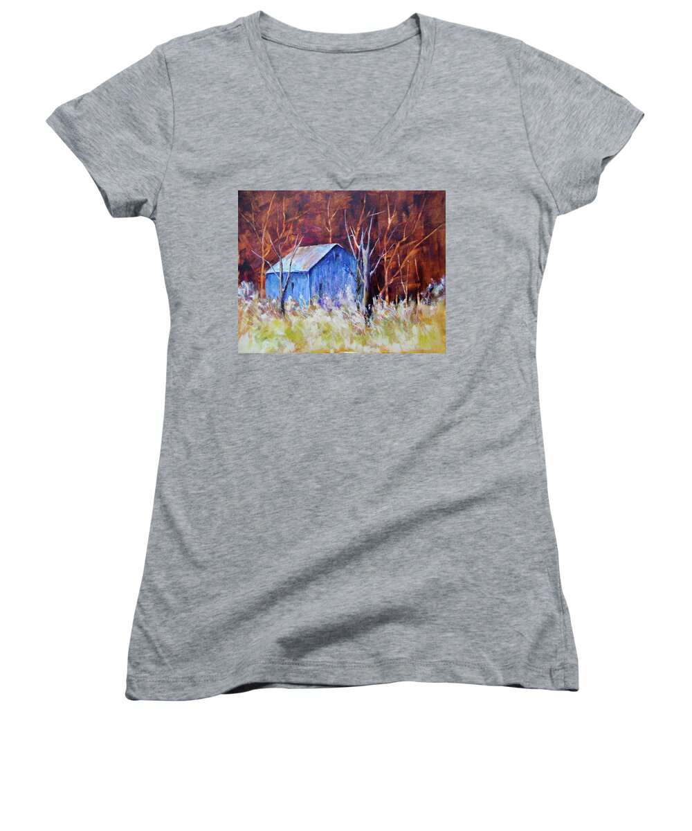 Landscapes Women's V-Neck featuring the painting Autumn Surprise by Lee Beuther