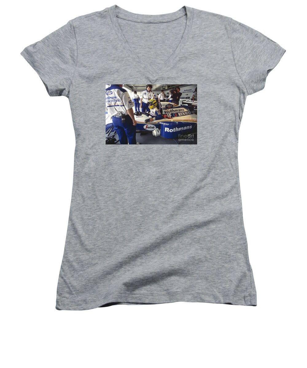 Ayrton Senna Women's V-Neck featuring the photograph Ayrton Senna and Mechanics. 1994 Pacific Grand Prix by Oleg Konin