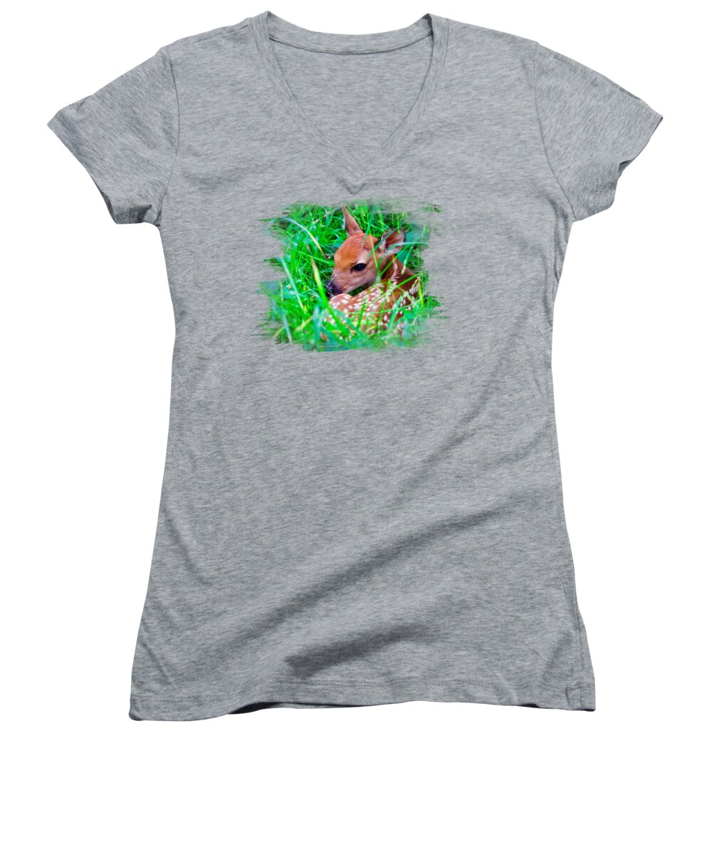 Fawn Women's V-Neck featuring the photograph Baby Fawn In Tall Grass by Laura Vilandre