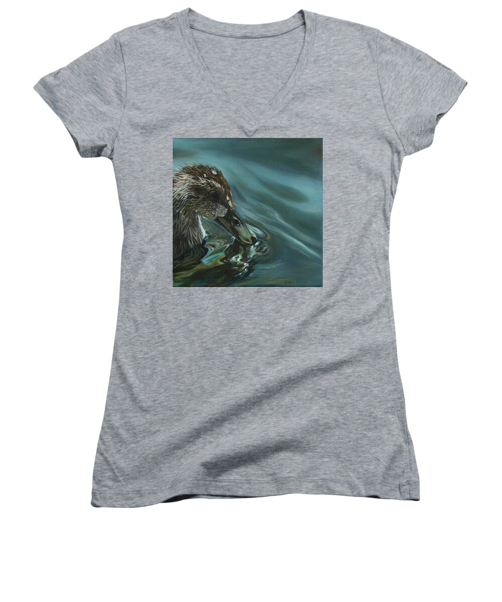 #duck #bathing #water #lake #ducks #droplets #nature #landscape #swim #blue #brown #feathers Women's V-Neck featuring the painting Bathing Duckline by Stella Marin