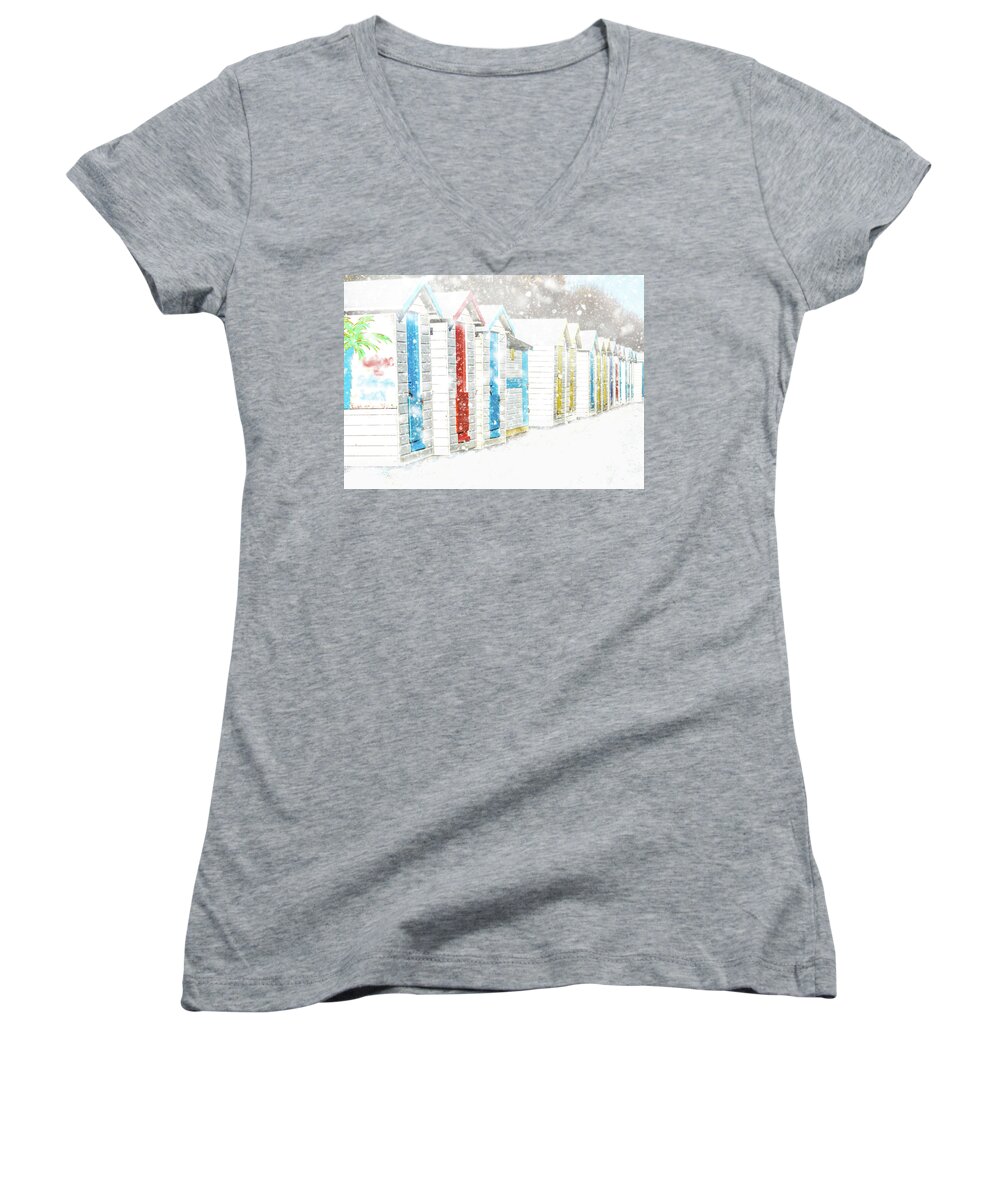 Abstract Women's V-Neck featuring the photograph Beach Huts during a snow shower by Sue Leonard