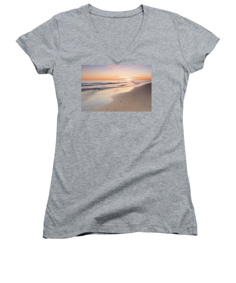 Beach Sunset Women's V-Neck featuring the photograph Beach Welcoming Twilight by Angelo DeVal