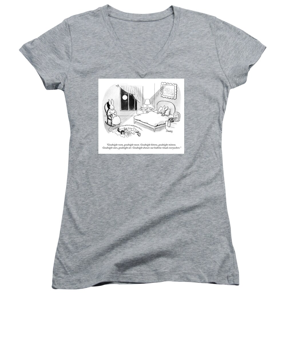 “goodnight Room Women's V-Neck featuring the drawing Bedtime Rituals by Benjamin Schwartz