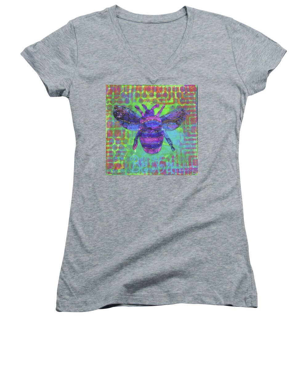 Bees Women's V-Neck featuring the painting Bee You by Lisa Crisman