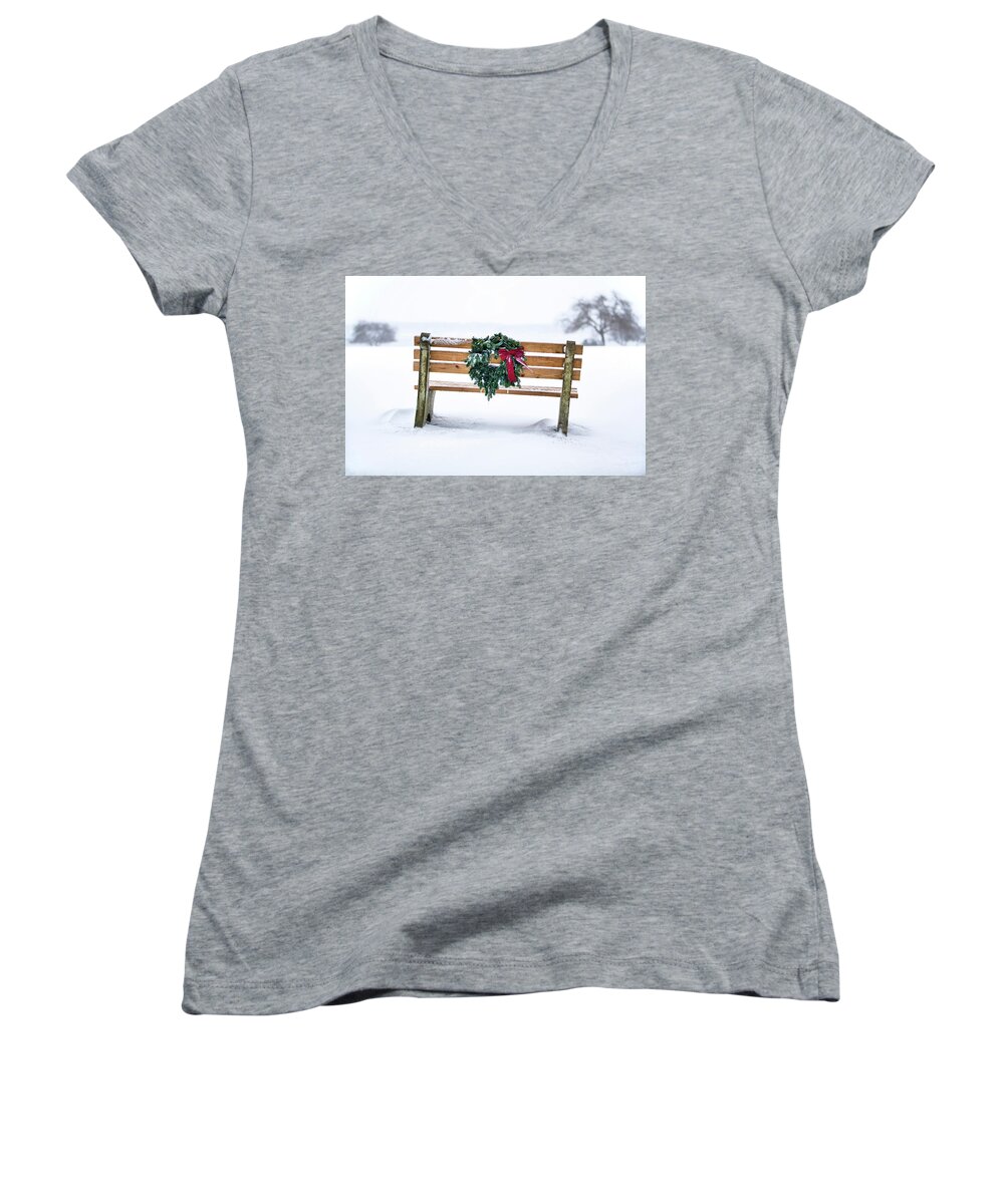 Bench Women's V-Neck featuring the photograph Bench and Wreath by Eric Gendron