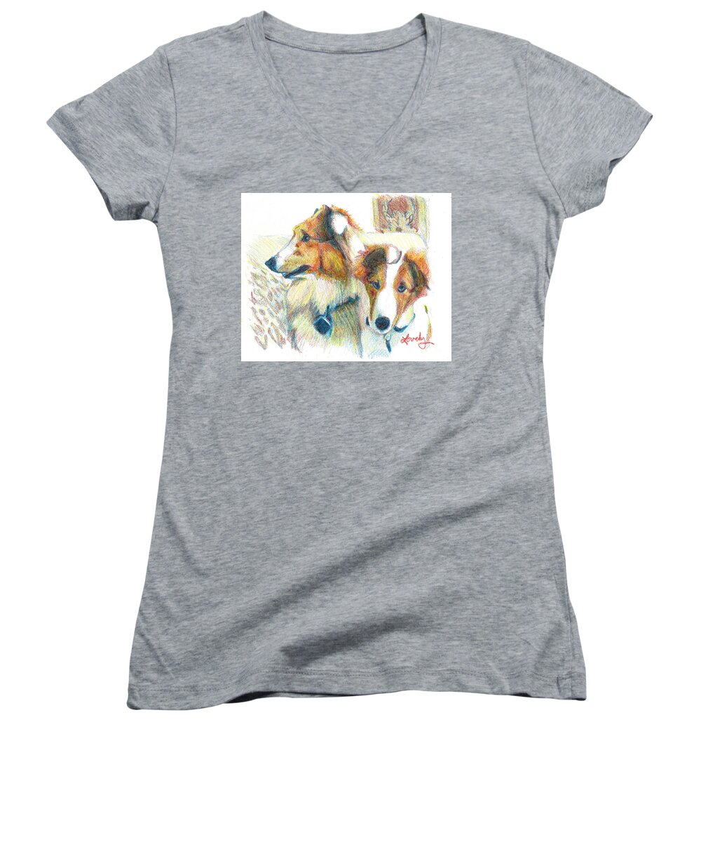 Dogs Women's V-Neck featuring the painting Bentley and Brodie by Candace Lovely
