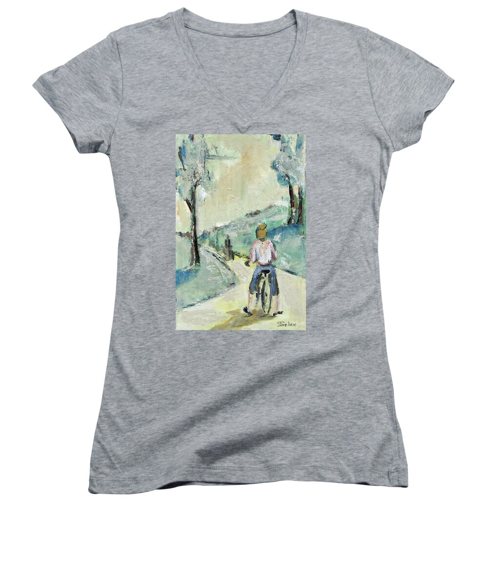  Bicyclists Women's V-Neck featuring the painting Bicycle Path by Sharon Sieben