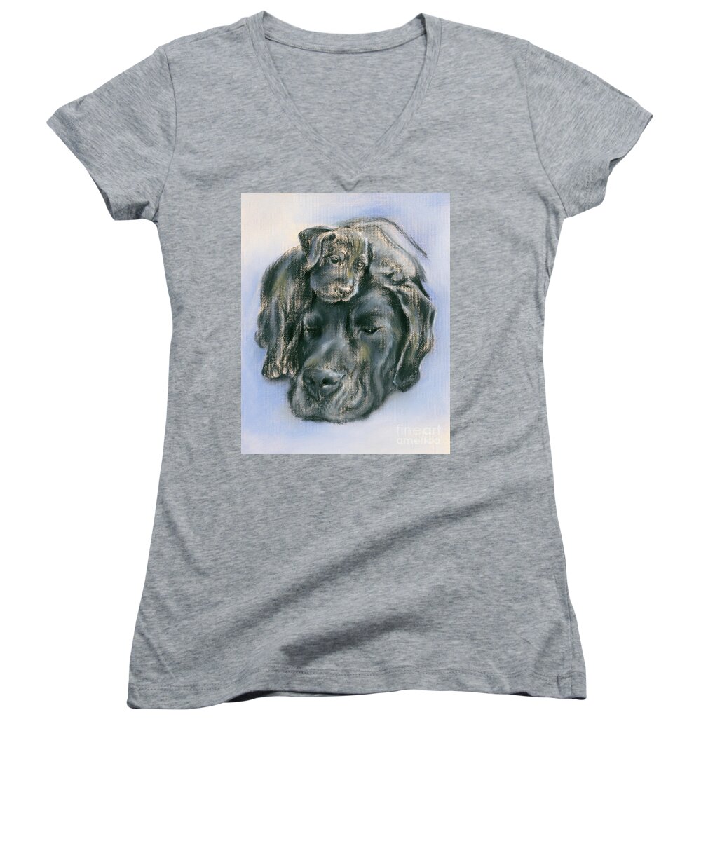Animal Women's V-Neck featuring the drawing Black Labrador Retriever Puppy and Parent by MM Anderson